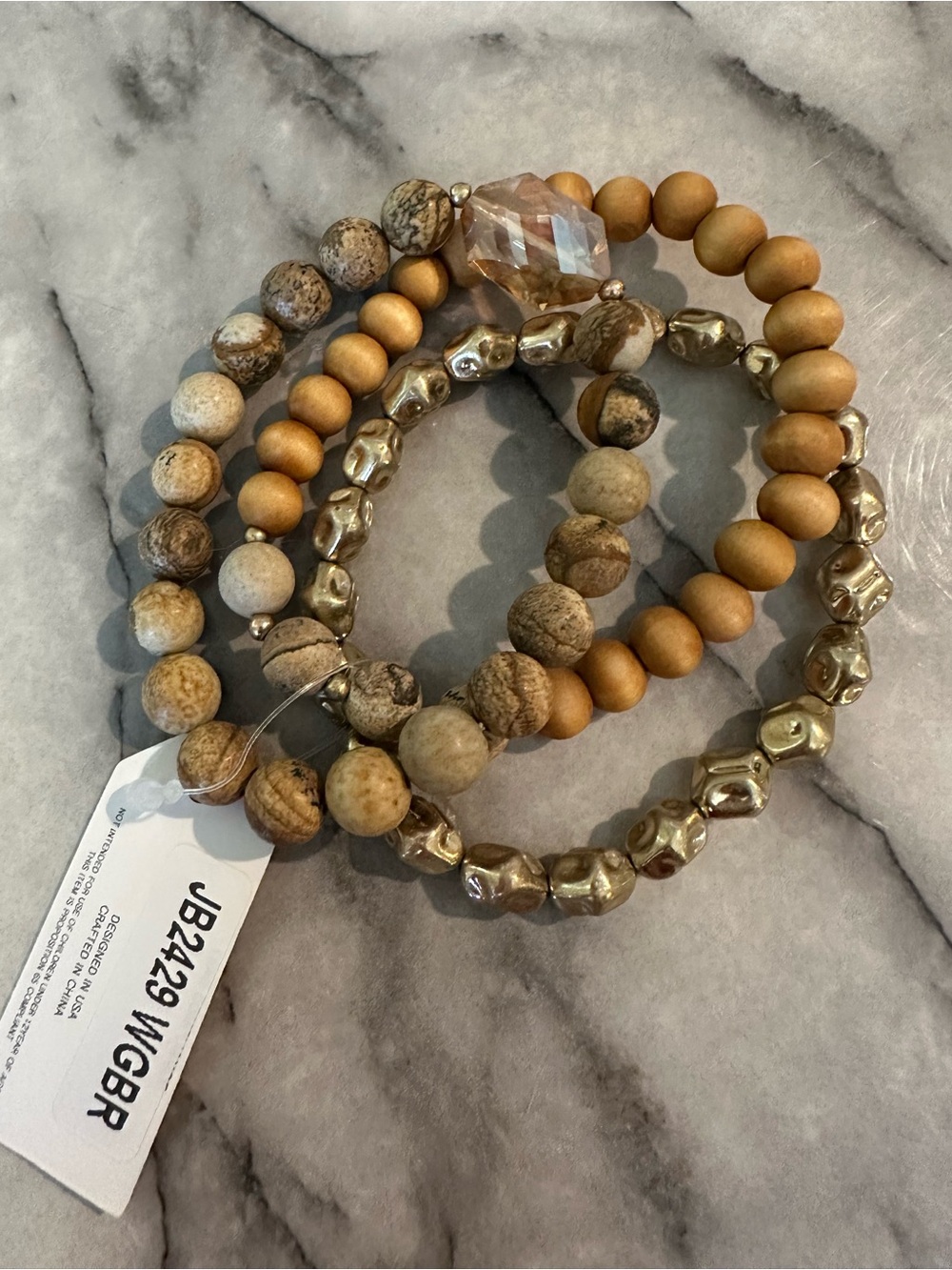 Stackable Beaded Bracelet Set in Natural Tan and Gold